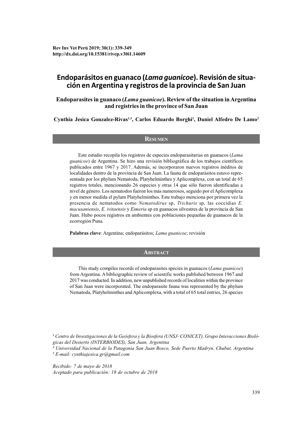Endoparásitos En Guanaco (Lama Guanicoe). Revisión De Situa- Ción En Argentina Y Registros De La Provincia De San Juan
