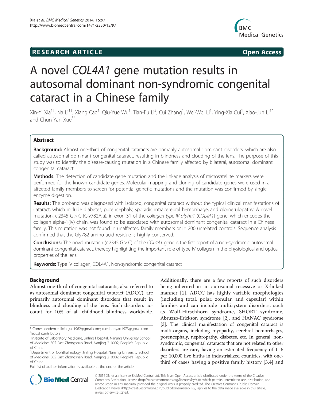 A Novel COL4A1 Gene Mutation Results in Autosomal Dominant Non