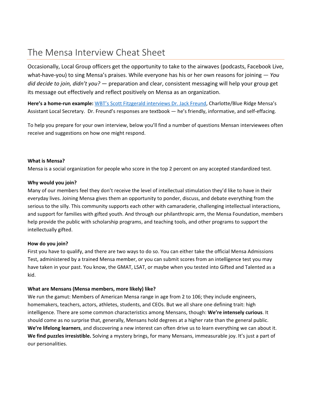 Mensa Interview Cheat Sheet