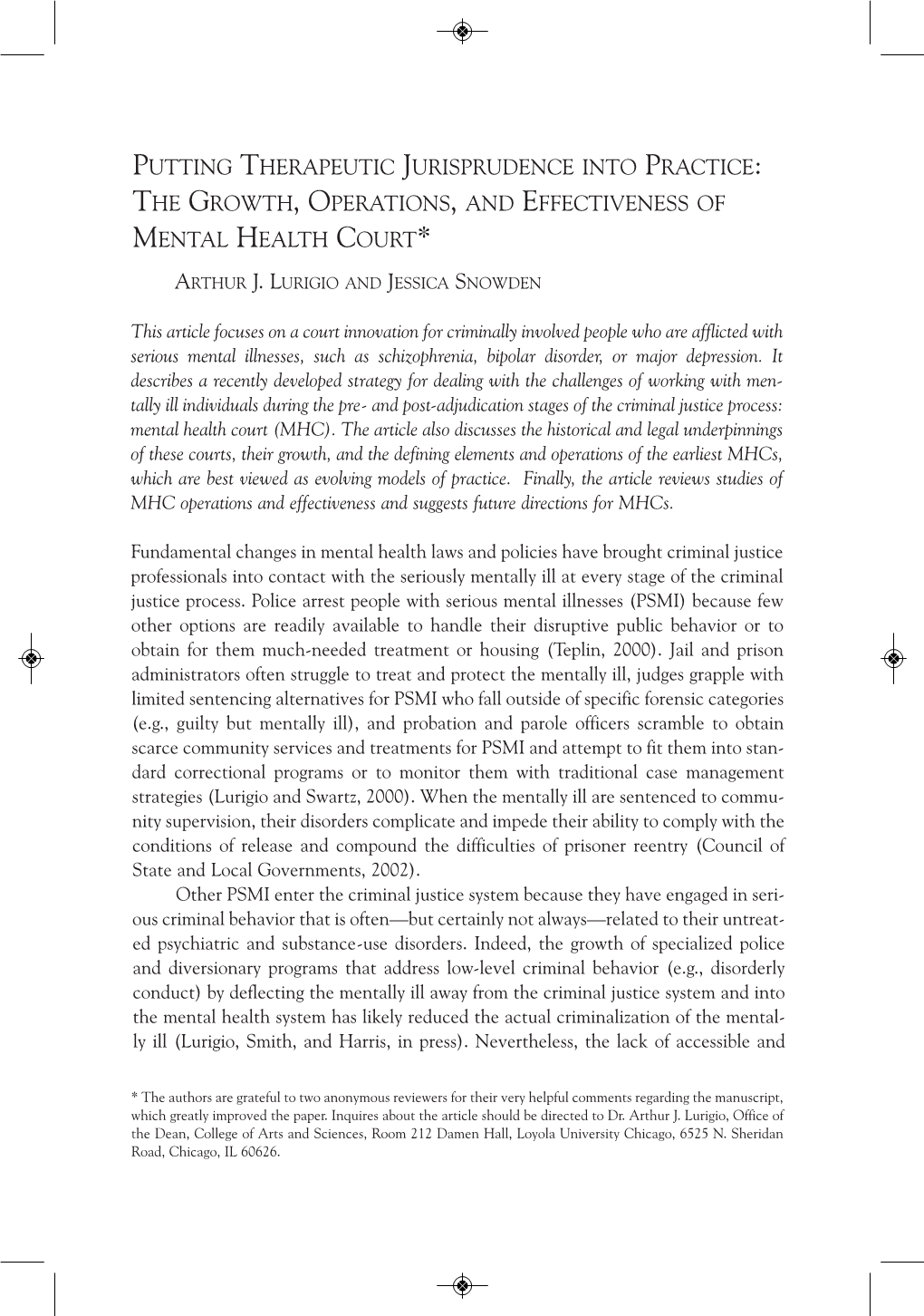 Putting Therapeutic Jurisprudence Into Practice: the Growth, Operations, and Effectiveness of Mental Health Court*