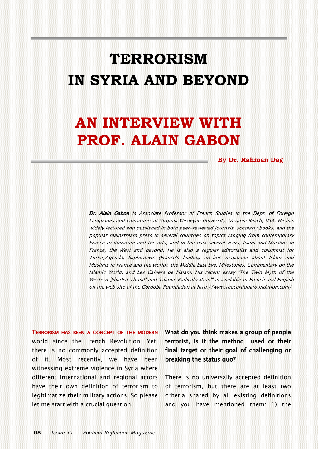 Terrorism in Syria and Beyond an Interview with Prof