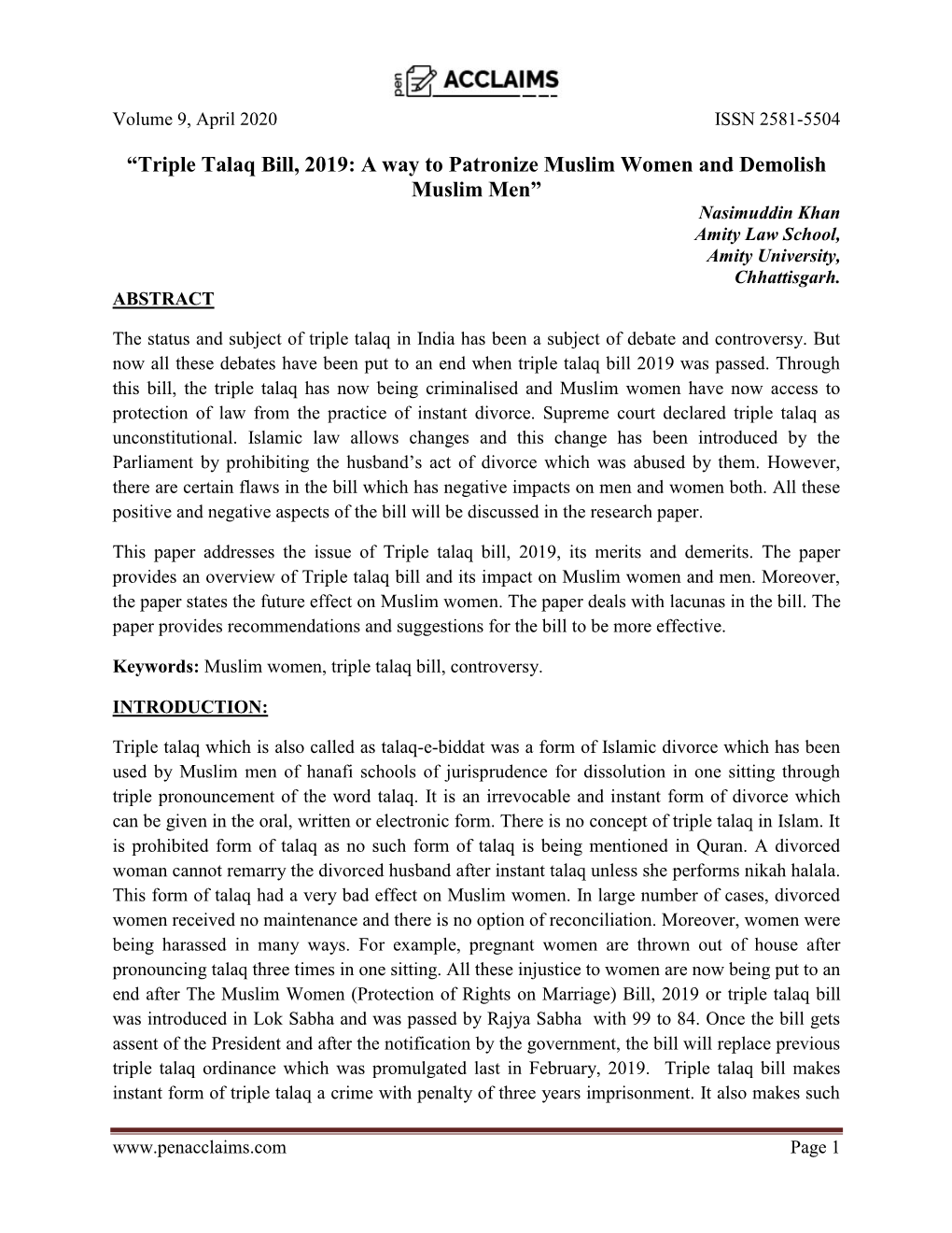 Triple Talaq Bill, 2019: a Way to Patronize Muslim Women and Demolish Muslim Men” Nasimuddin Khan Amity Law School, Amity University, Chhattisgarh