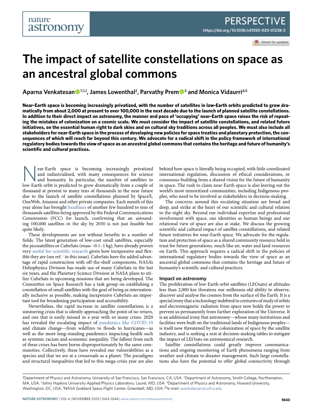 The Impact of Satellite Constellations on Space As an Ancestral Global Commons