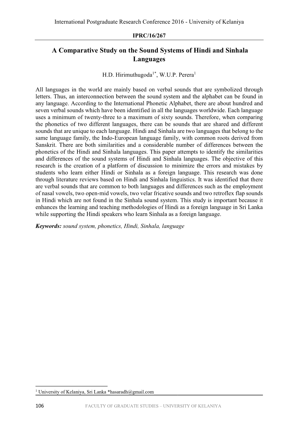 A Comparative Study on the Sound Systems of Hindi and Sinhala Languages