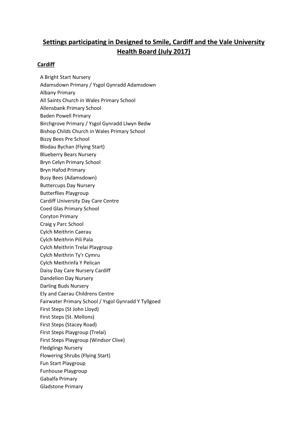 Settings Participating in Designed to Smile, Cardiff and the Vale University Health Board (July 2017) Cardiff