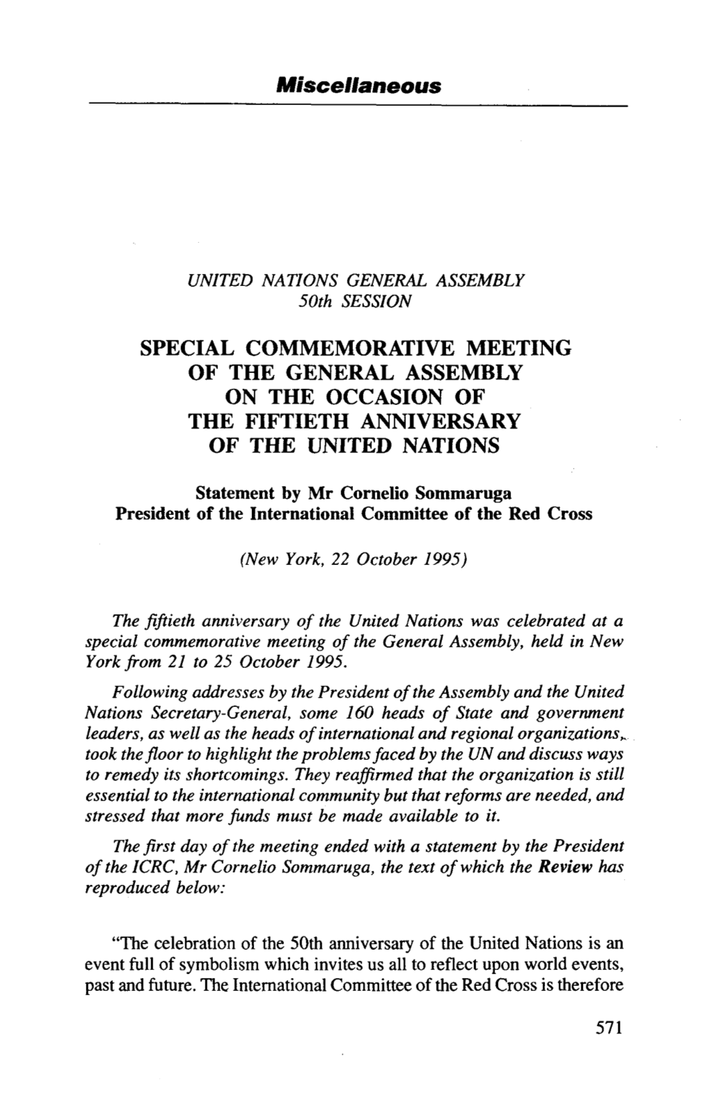 Fiftieth Session of the General Assembly of the United Nations