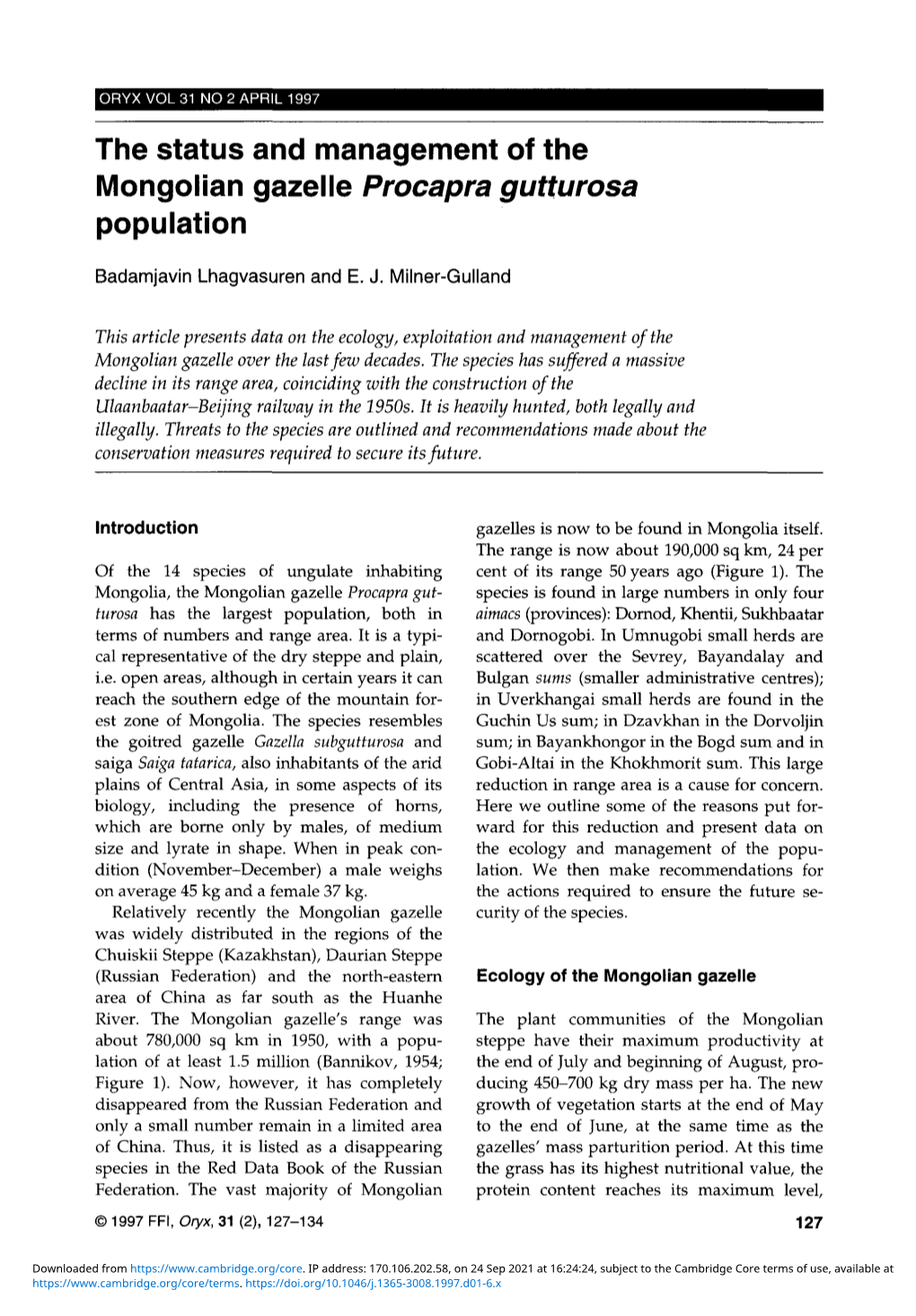 The Status and Management of the Mongolian Gazelle Procapra Gutturosa Population