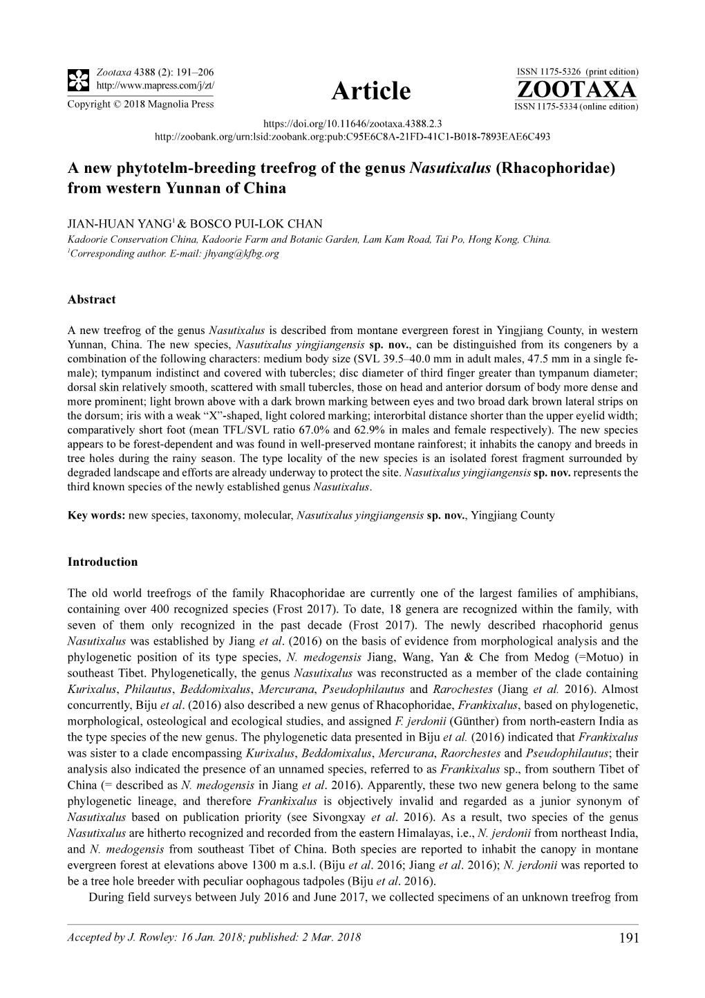 A New Phytotelm-Breeding Treefrog of the Genus Nasutixalus (Rhacophoridae) from Western Yunnan of China