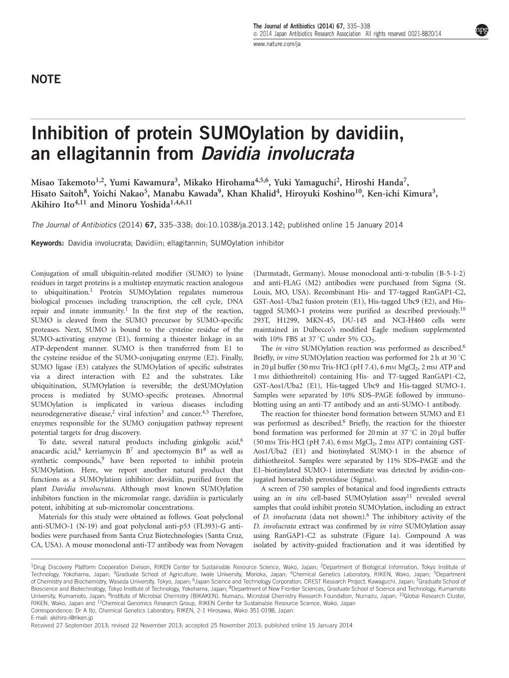 Inhibition of Protein Sumoylation by Davidiin, an Ellagitannin from Davidia Involucrata