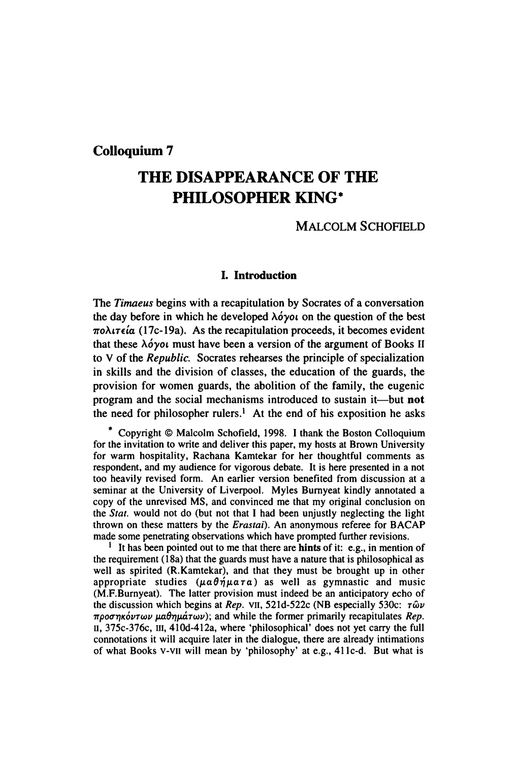 Colloquium 7 the DISAPPEARANCE of the PHILOSOPHER KING