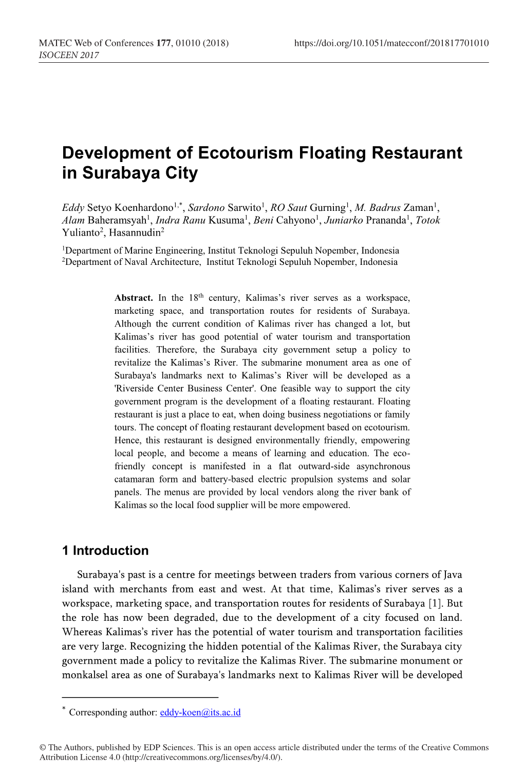 Development of Ecotourism Floating Restaurant in Surabaya City