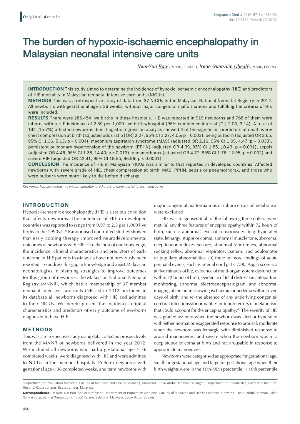 The Burden of Hypoxic-Ischaemic Encephalopathy in Malaysian Neonatal Intensive Care Units