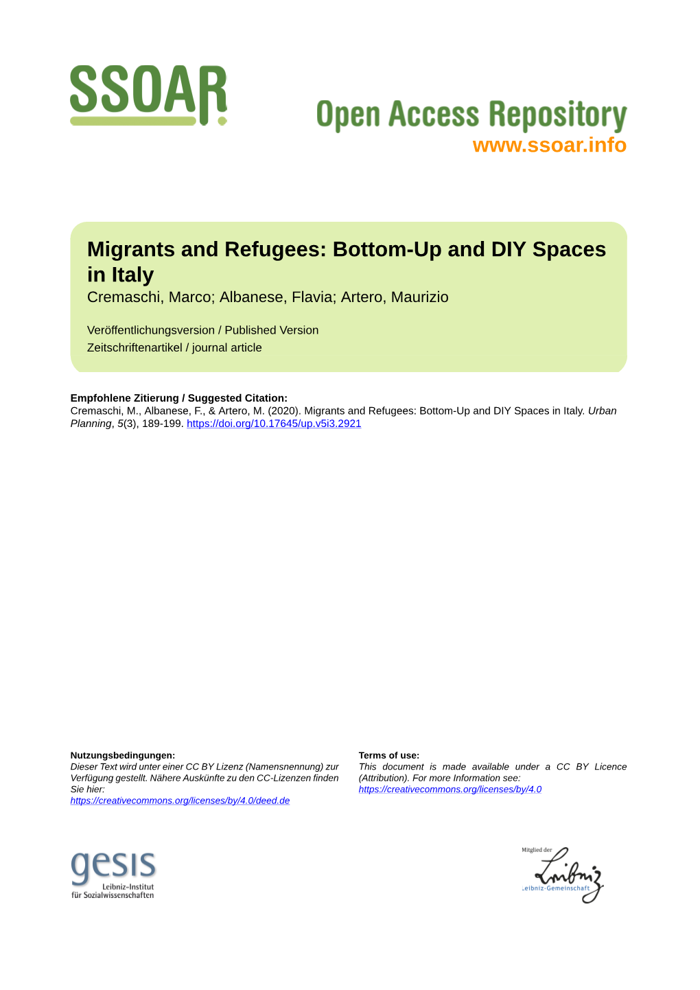 Migrants and Refugees: Bottom-Up and DIY Spaces in Italy Cremaschi, Marco; Albanese, Flavia; Artero, Maurizio