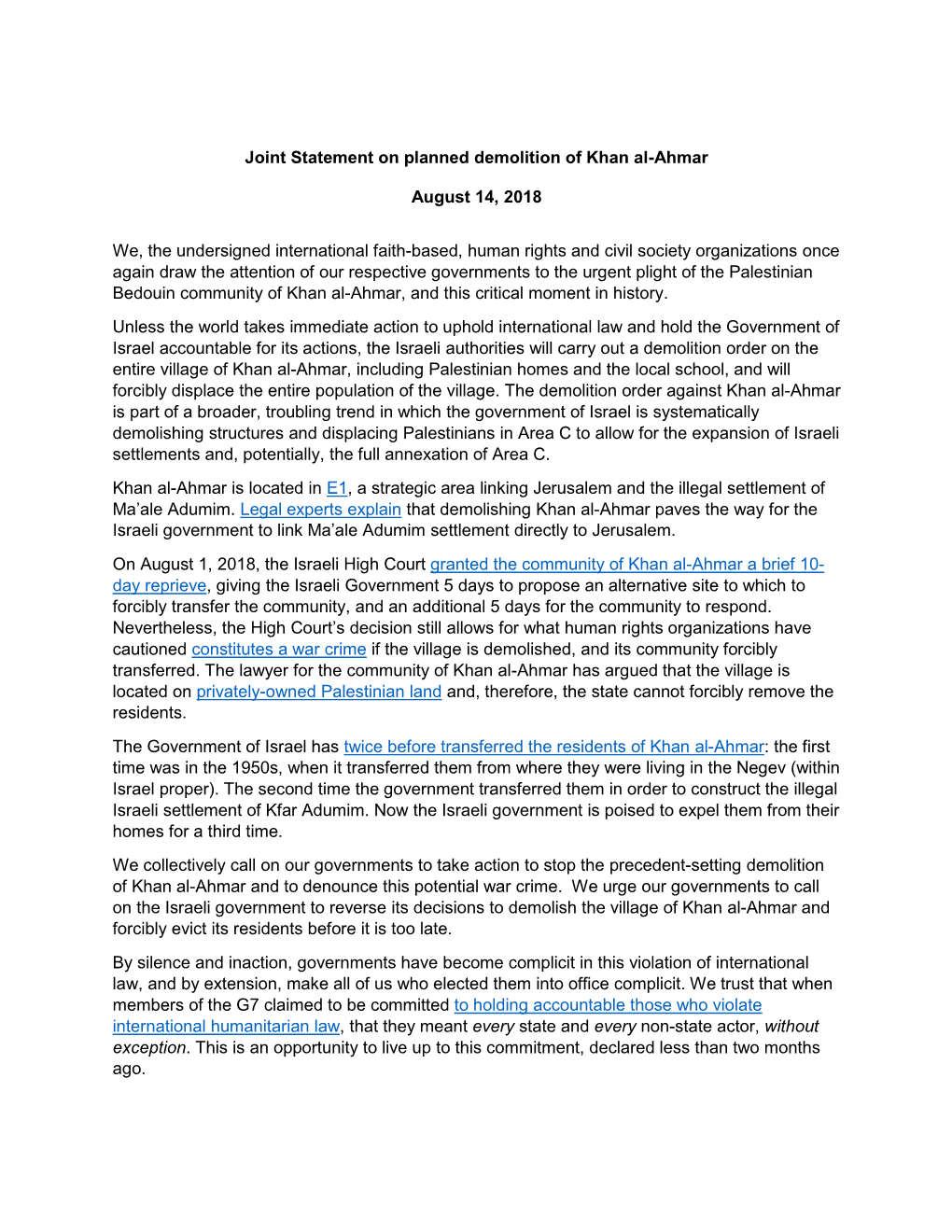 Joint Statement on Khan Al-Ahmar