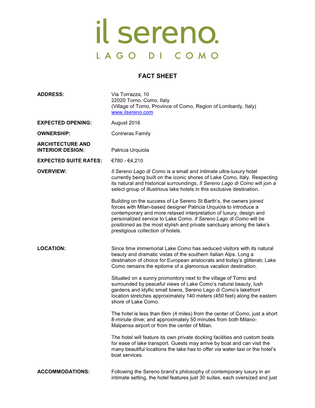 Il Sereno Lago Di Como Fact Sheet 2016