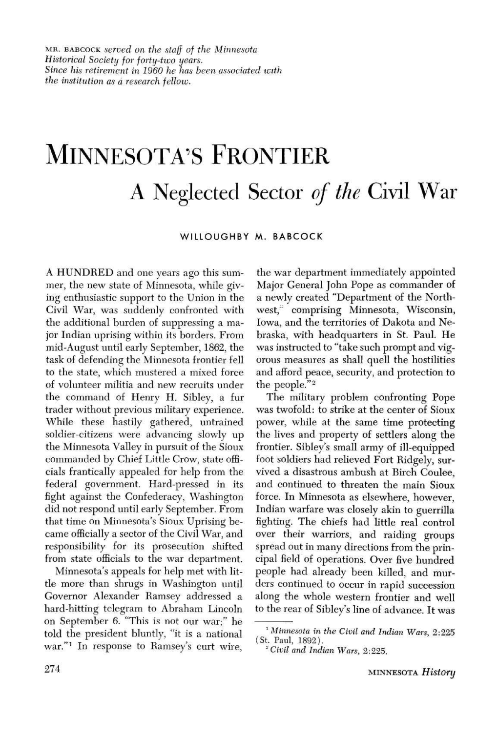 Minnesota's Frontier, a Neglected Sector of the Civil