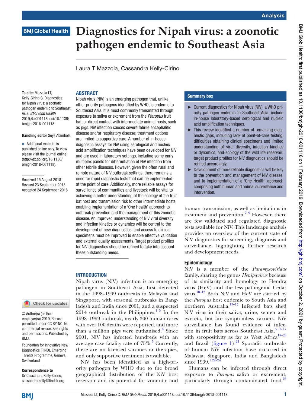 Diagnostics for Nipah Virus: a Zoonotic Pathogen Endemic to Southeast Asia