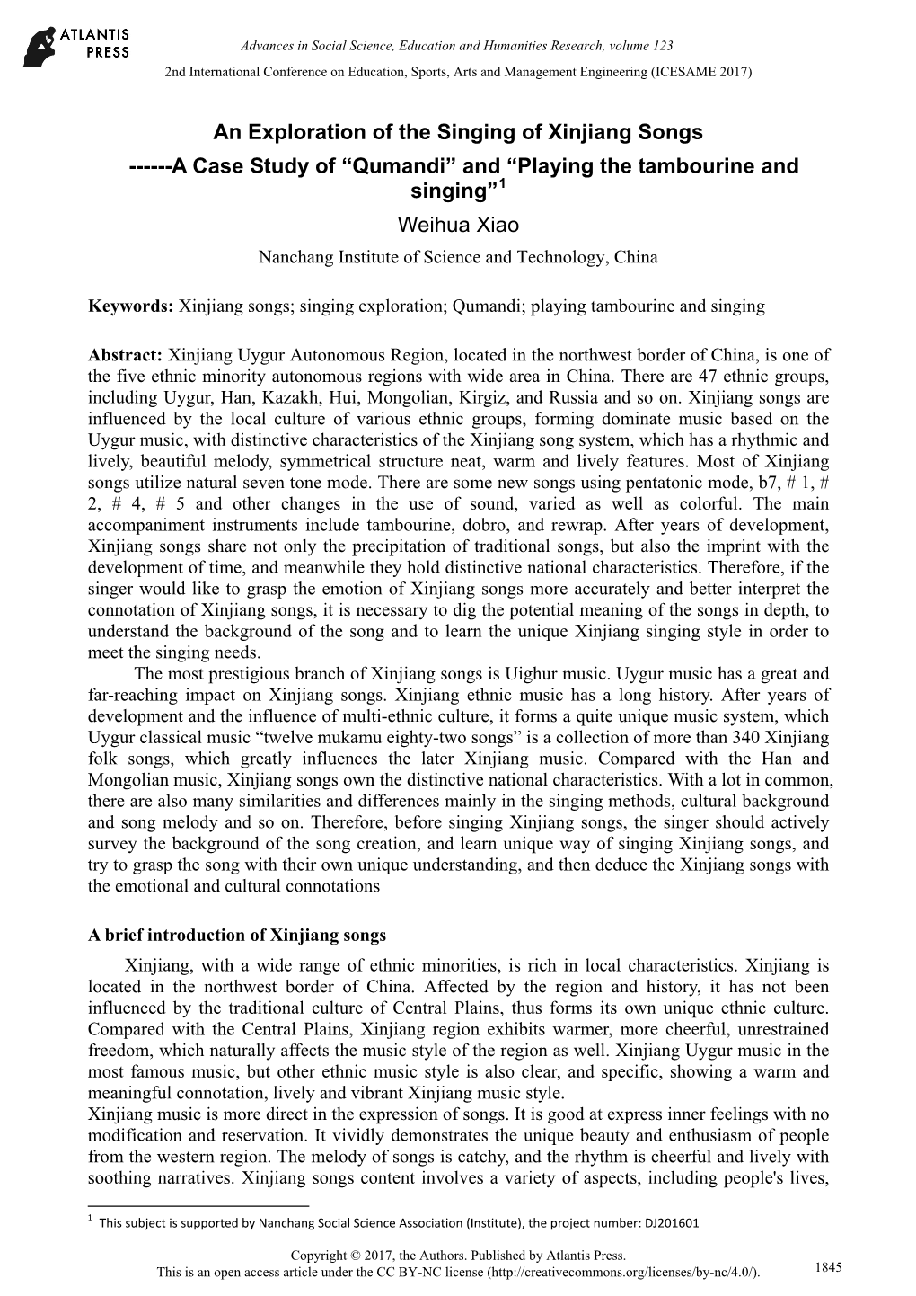 A Case Study of “Qumandi” and “Playing the Tambourine and Singing”1 Weihua Xiao Nanchang Institute of Science and Technology, China