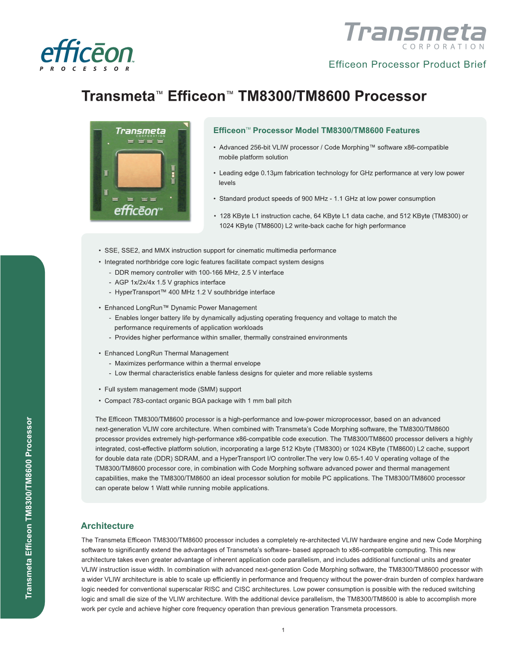 Transmeta™ Efficeon™ TM8300/TM8600 Processor