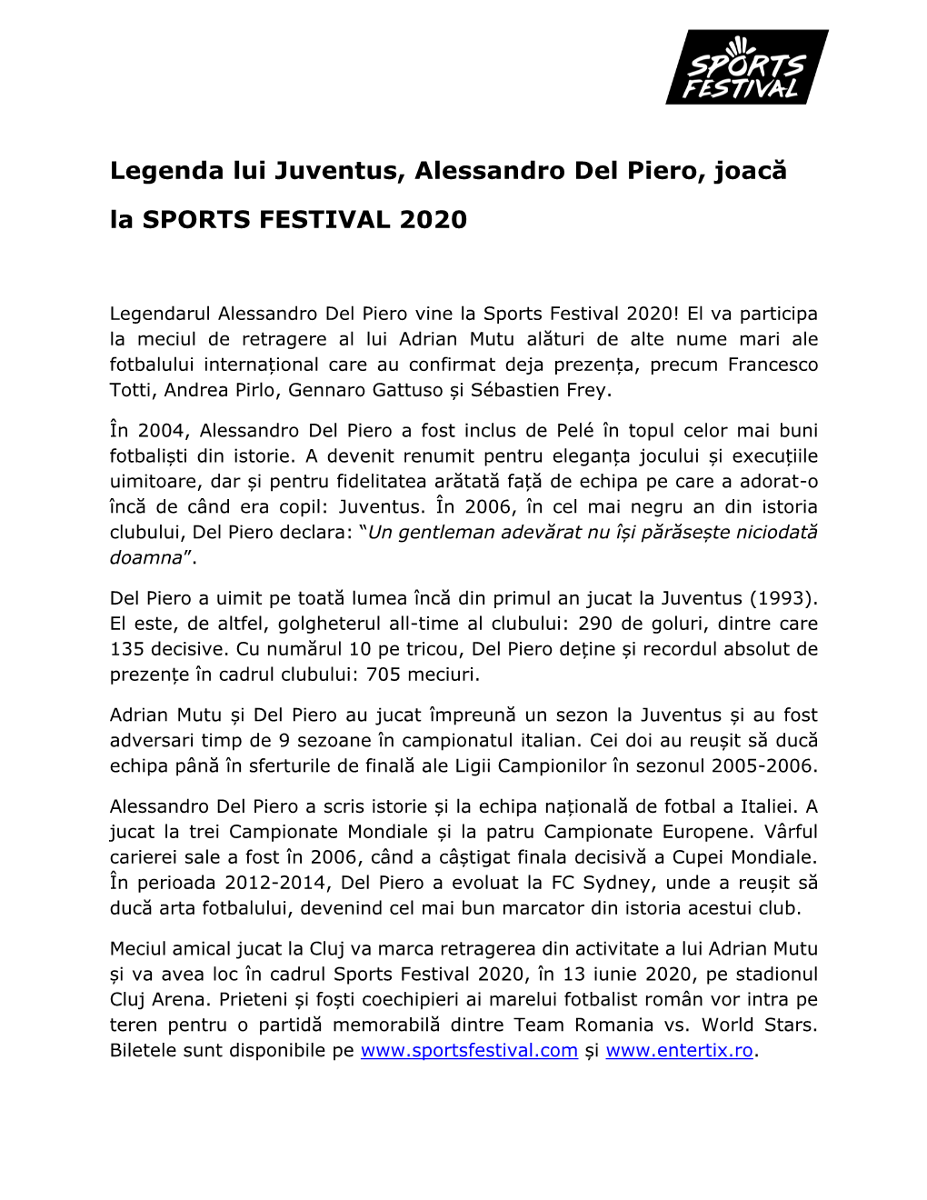 Legenda Lui Juventus, Alessandro Del Piero, Joacă La SPORTS FESTIVAL 2020