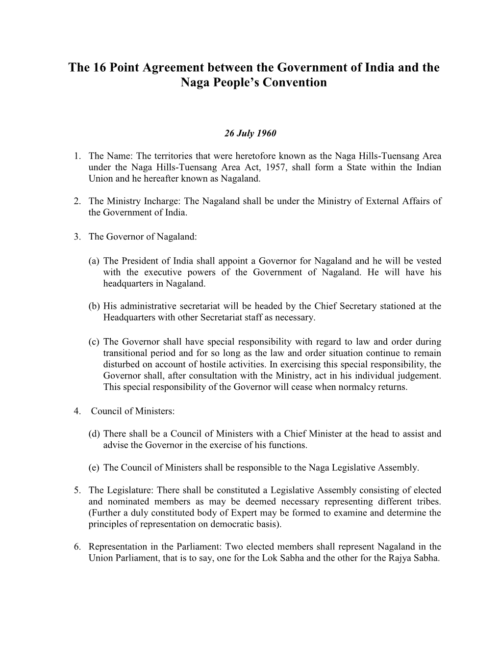 The 16 Point Agreement Between the Government of India and the Naga People’S Convention