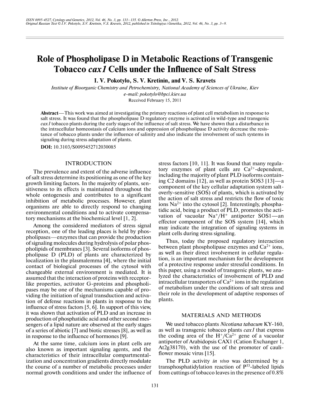 Role of Phospholipase D in Metabolic Reactions of Transgenic Tobacco Cax1 Cells Under the Influence of Salt Stress I