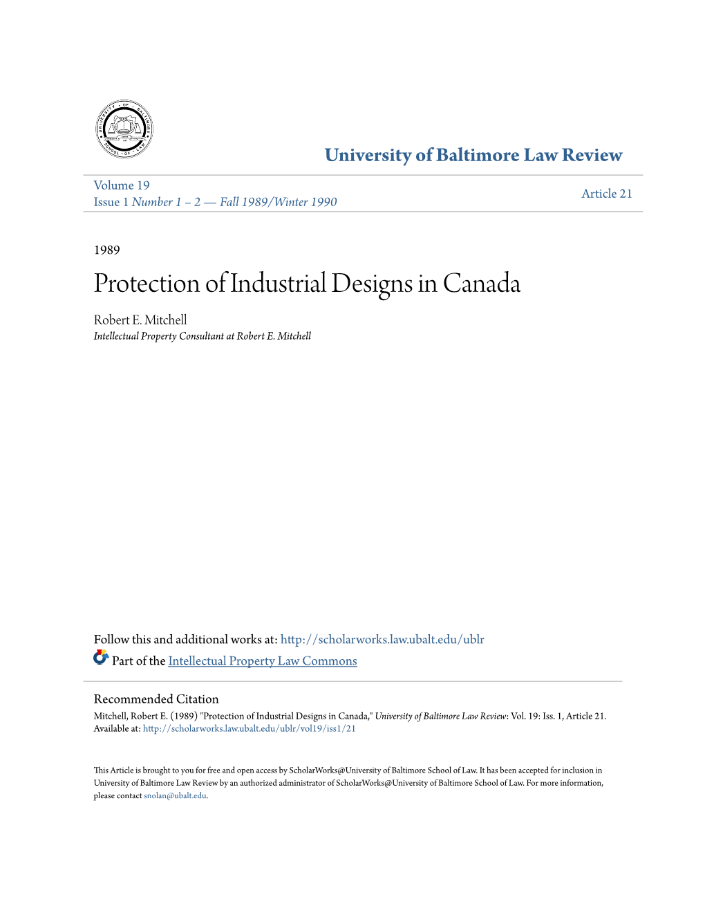 Protection of Industrial Designs in Canada Robert E