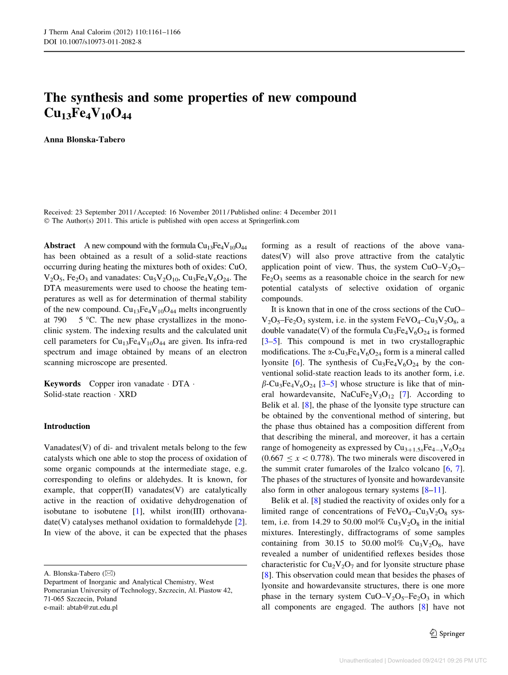 The Synthesis and Some Properties of New Compound Cu13fe4v10o44