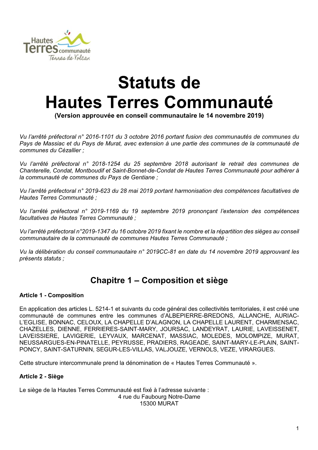 Statuts De Hautes Terres Communauté (Version Approuvée En Conseil Communautaire Le 14 Novembre 2019)