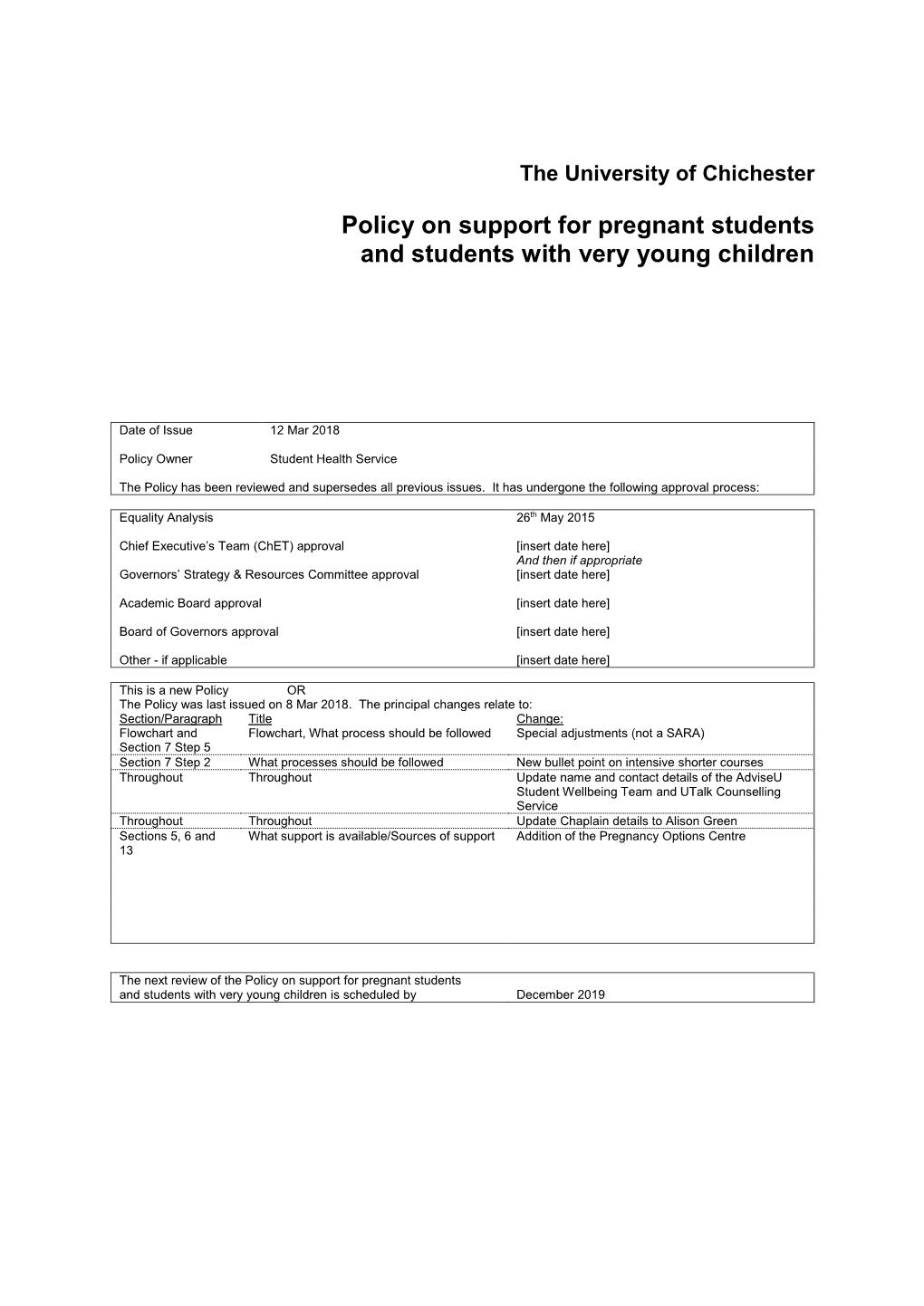 Policy on Support for Pregnant Students and Students with Very Young Children