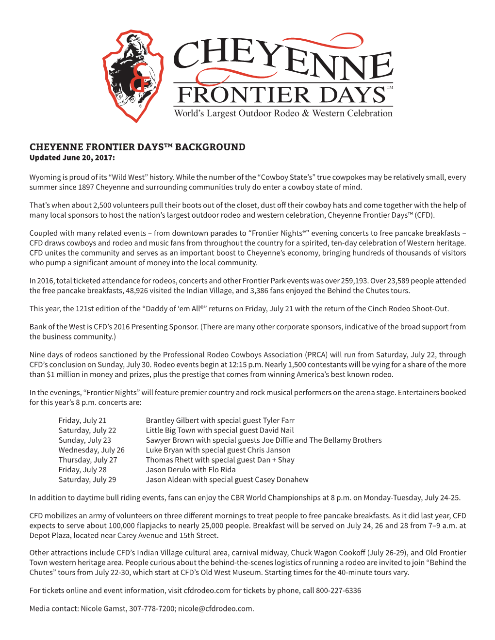 CHEYENNE FRONTIER DAYS™ BACKGROUND Updated June 20, 2017