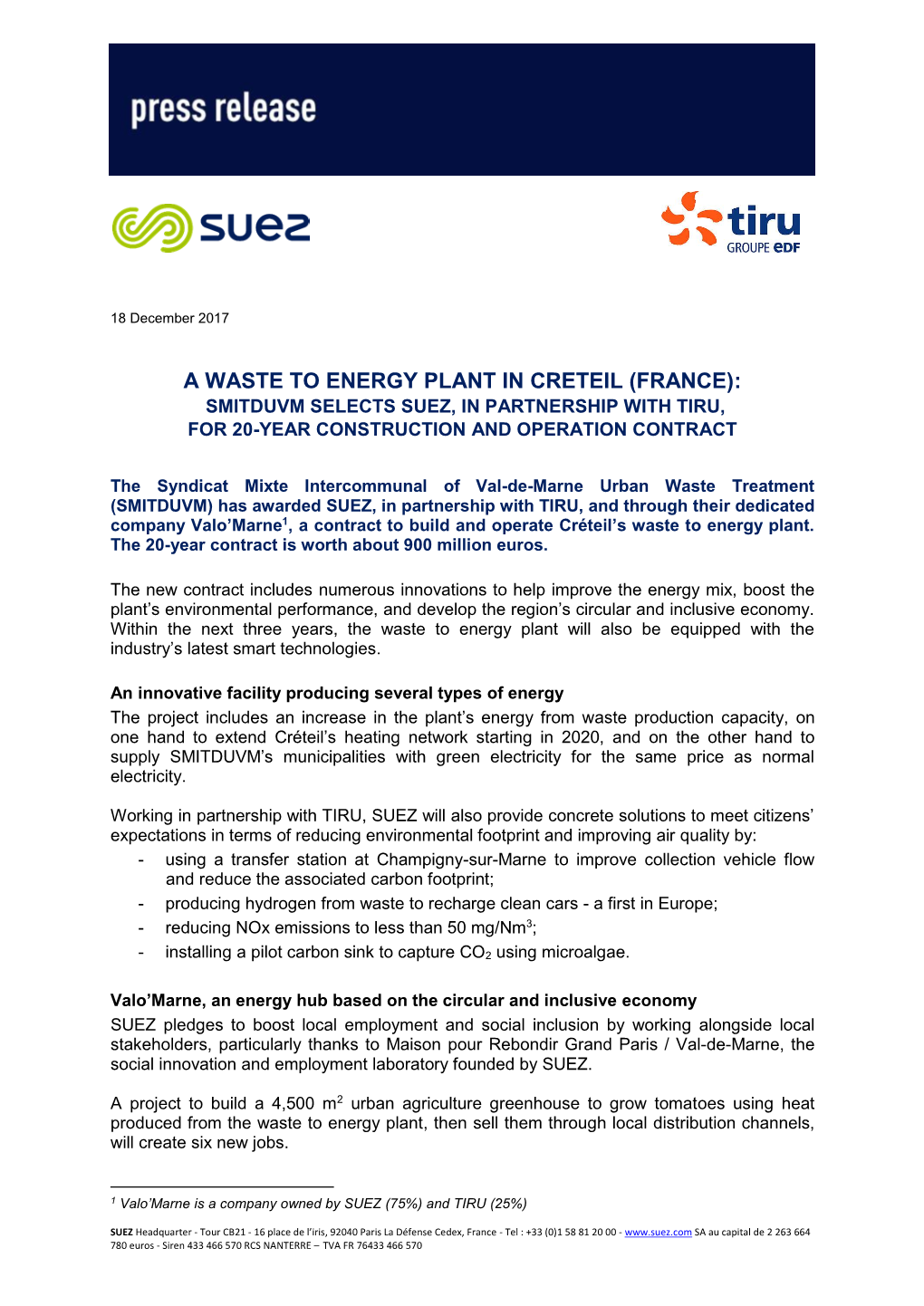 A Waste to Energy Plant in Creteil (France): Smitduvm Selects Suez, in Partnership with Tiru, for 20-Year Construction and Operation Contract