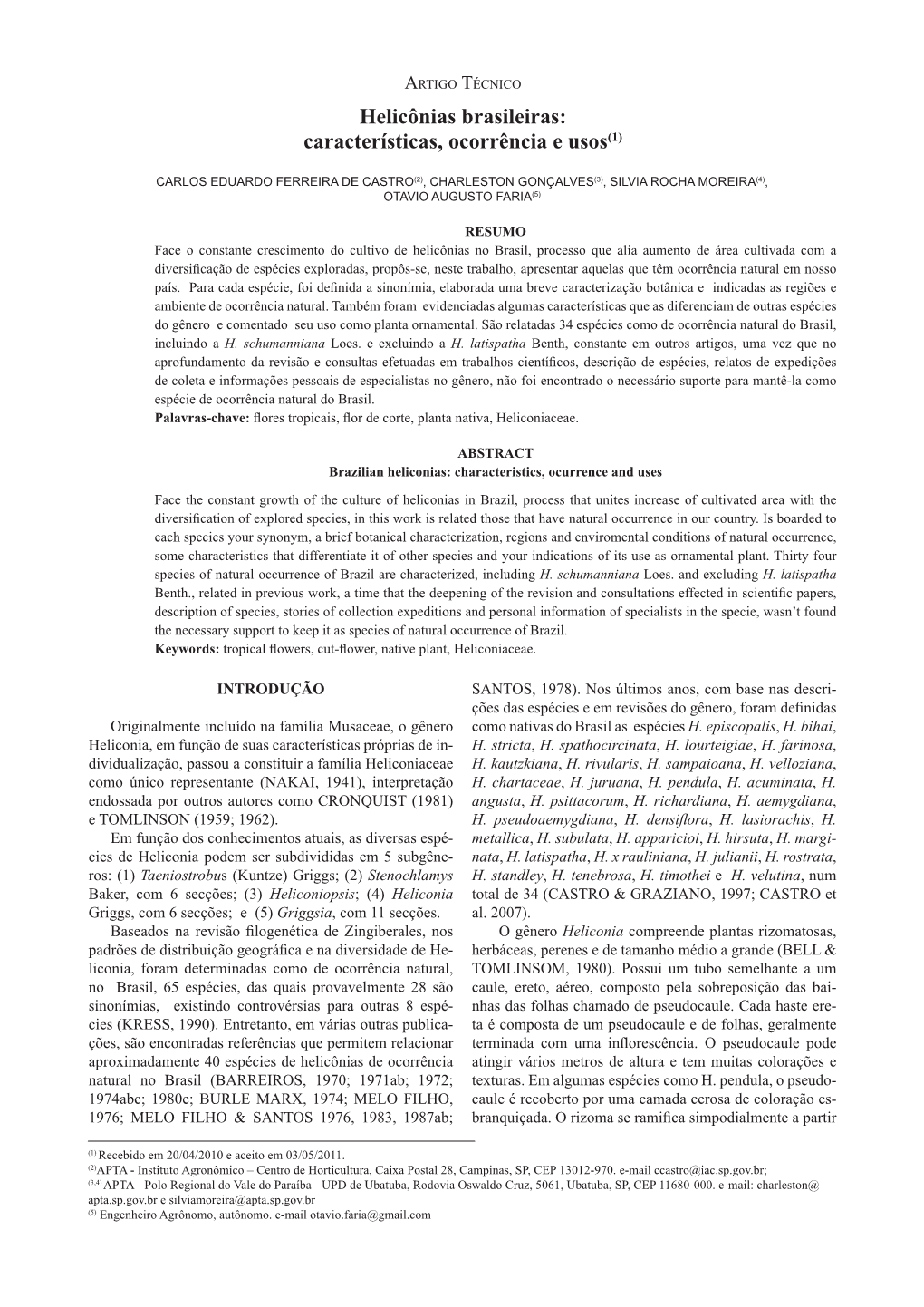 Helicônias Brasileiras: Características, Ocorrência E Usos(1)