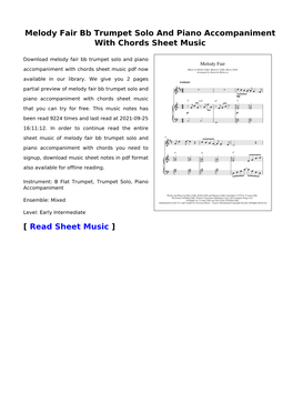 Melody Fair Bb Trumpet Solo and Piano Accompaniment with Chords Sheet Music