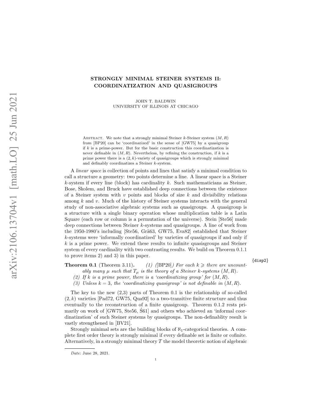 Strongly Minimal Steiner Systems Ii: Coordinatization and Quasigroups 3