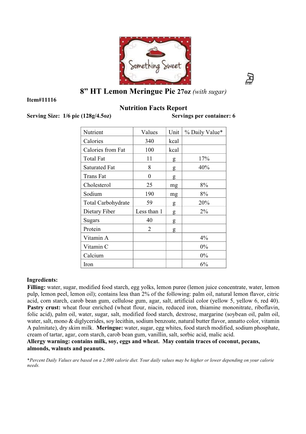 Lemon Meringue Pie 27Oz #11116 Rev#20140414BM Sugar