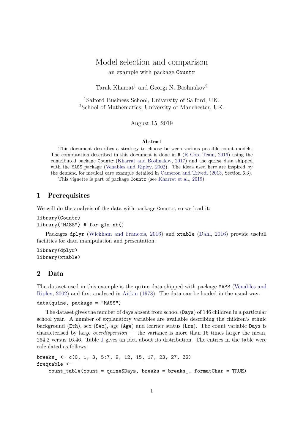 Model Selection and Comparison an Example with Package Countr