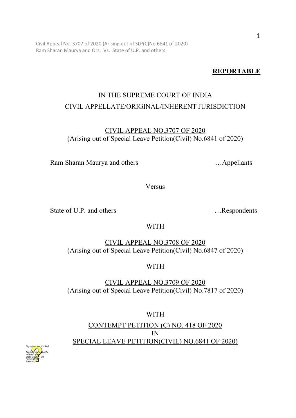 REPORTABLE in the SUPREME COURT of INDIA CIVIL APPELLATE/ORIGINAL/INHERENT JURISDICTION CIVIL APPEAL NO.3707 of 2020 (Arising Ou