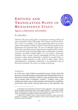 Editing and Translating Pliny in Renaissance Italy: Agency, Collaboration and Visibility