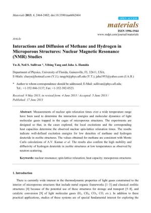 Interactions and Diffusion of Methane and Hydrogen in Microporous Structures: Nuclear Magnetic Resonance (NMR) Studies