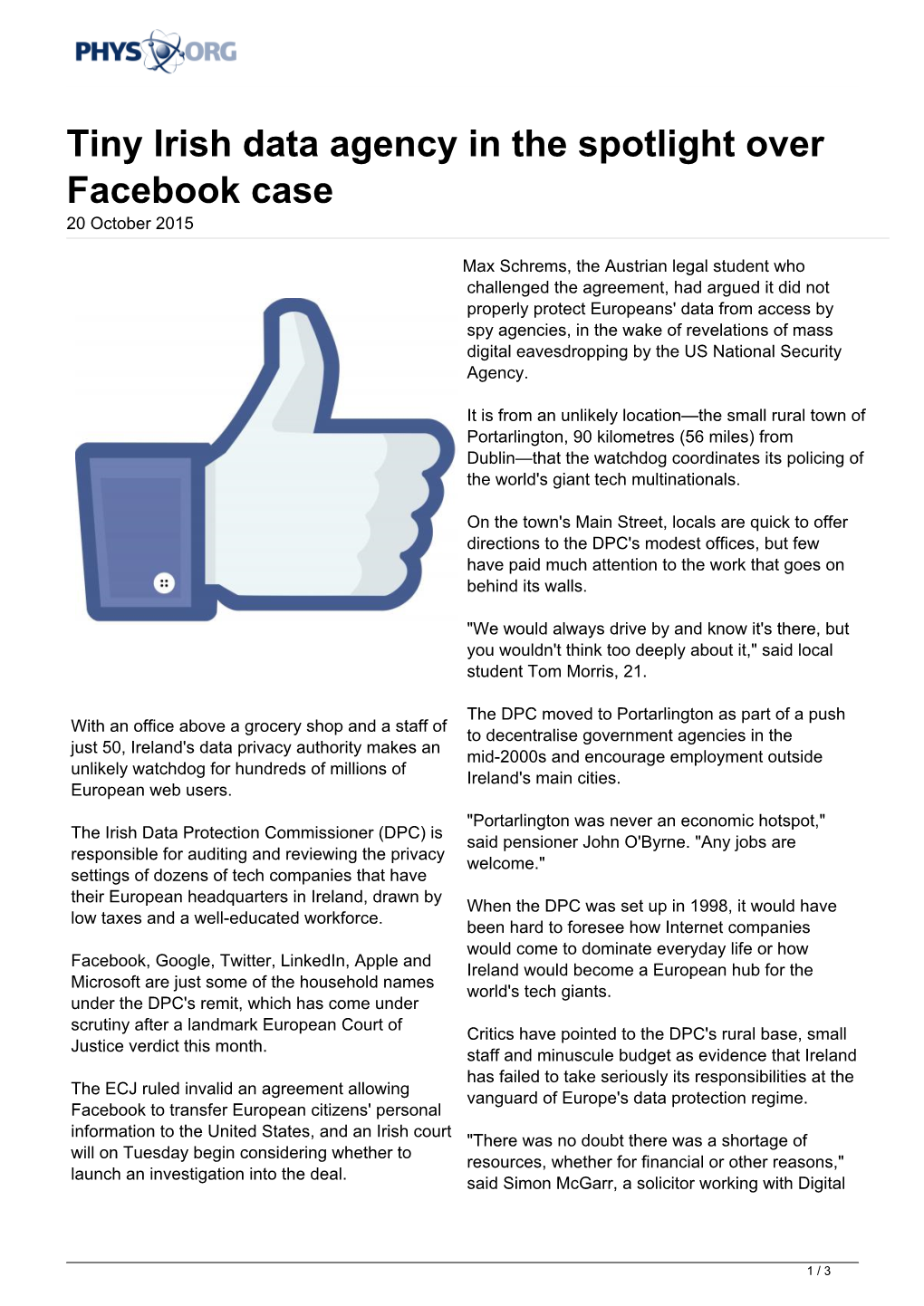 Tiny Irish Data Agency in the Spotlight Over Facebook Case 20 October 2015