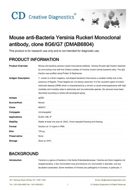 Mouse Anti-Bacteria Yersinia Ruckeri Monoclonal Antibody, Clone 8G6/G7 (DMAB6804) This Product Is for Research Use Only and Is Not Intended for Diagnostic Use