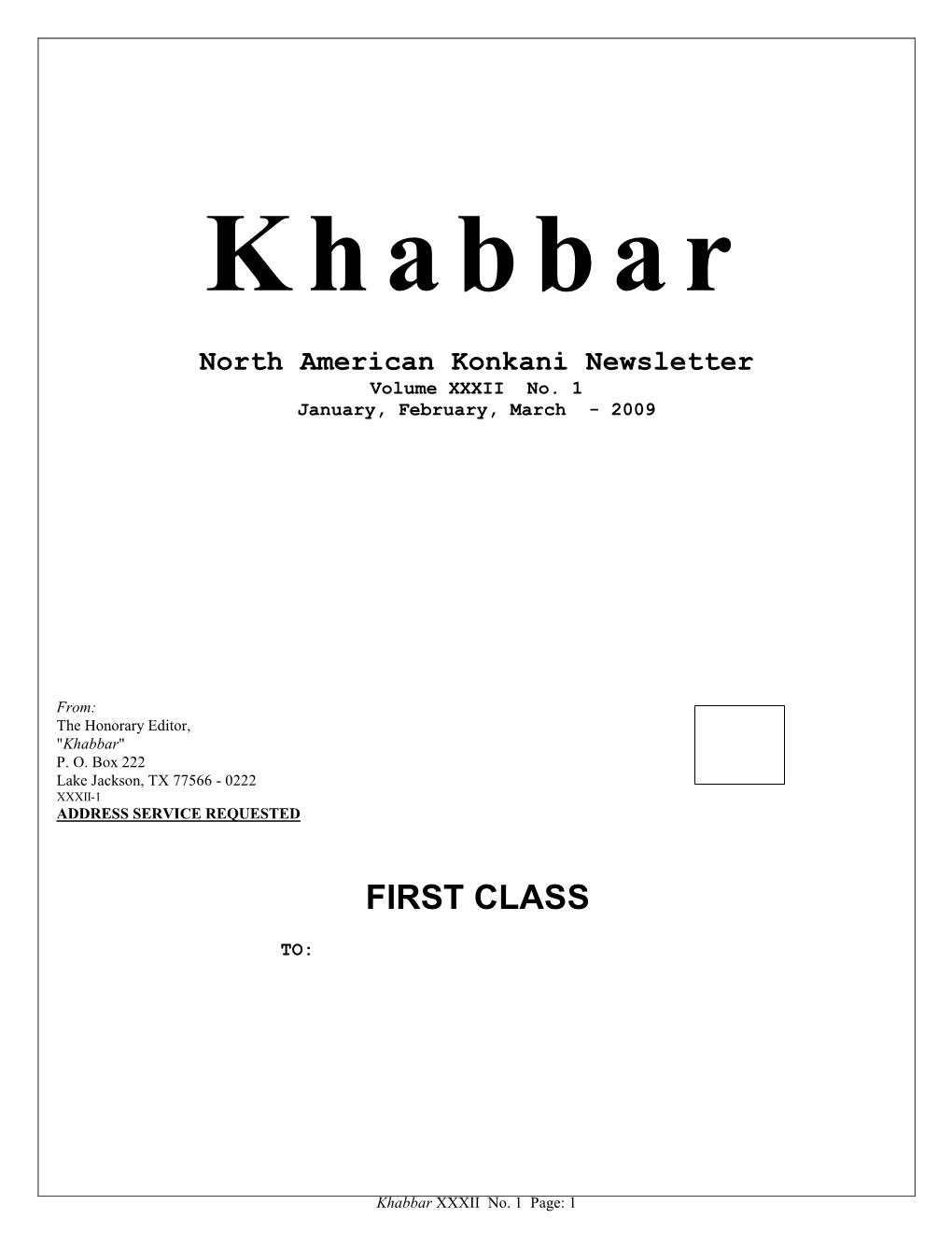 Khabbar Vol. XXXII No. 1 (January, February, March