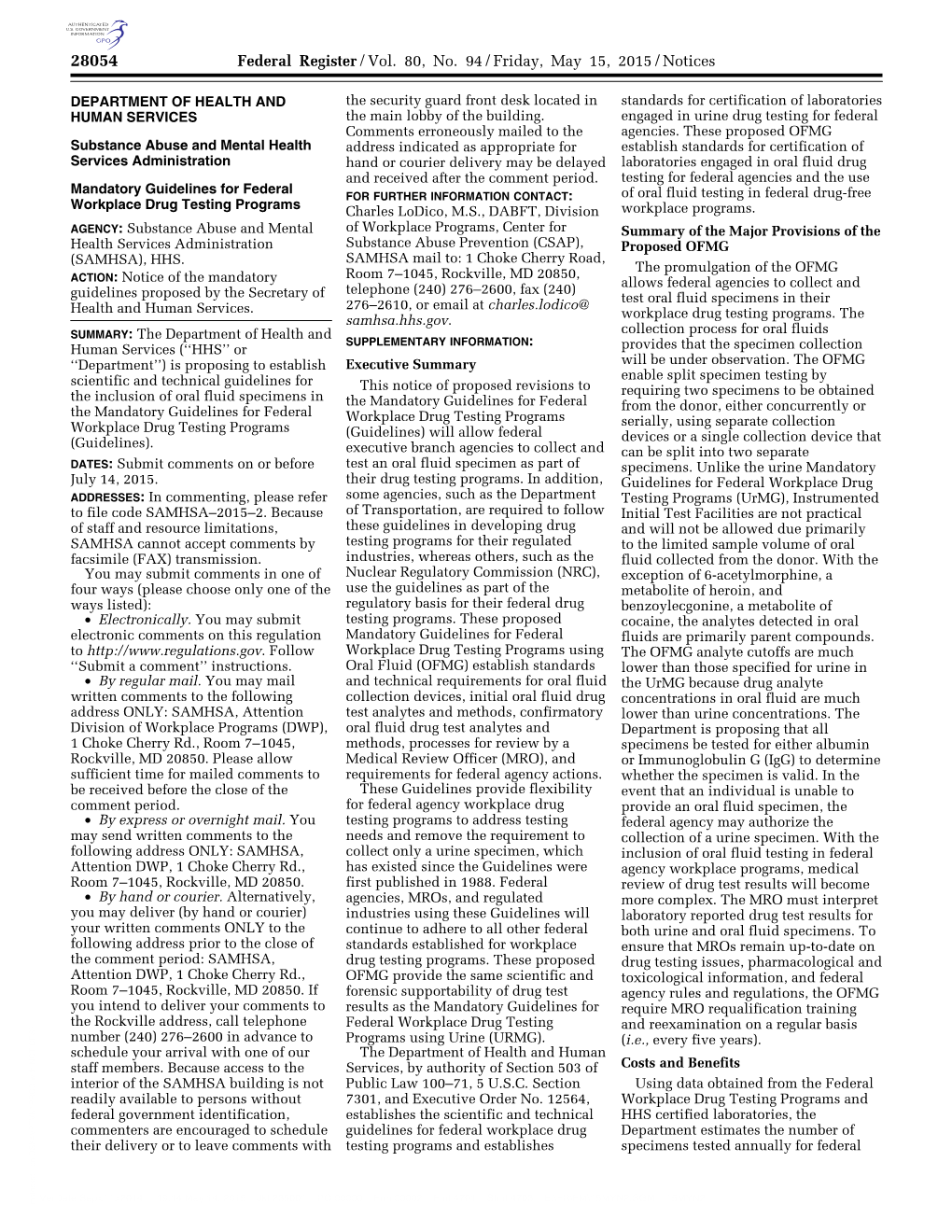 Federal Register/Vol. 80, No. 94/Friday, May 15, 2015/Notices