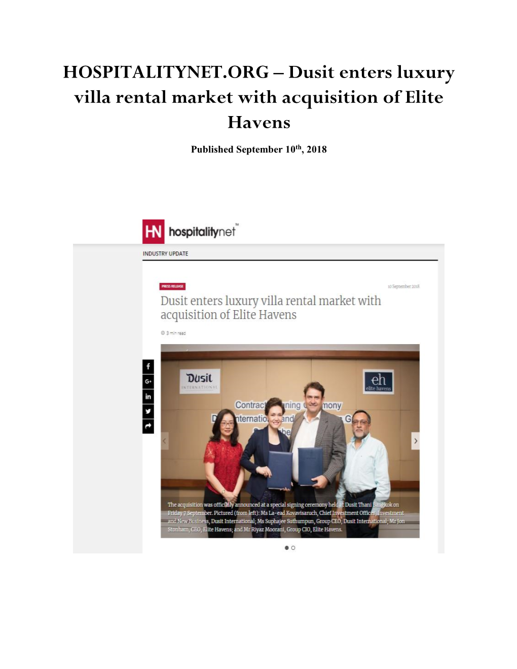 HOSPITALITYNET.ORG – Dusit Enters Luxury Villa Rental Market with Acquisition of Elite Havens