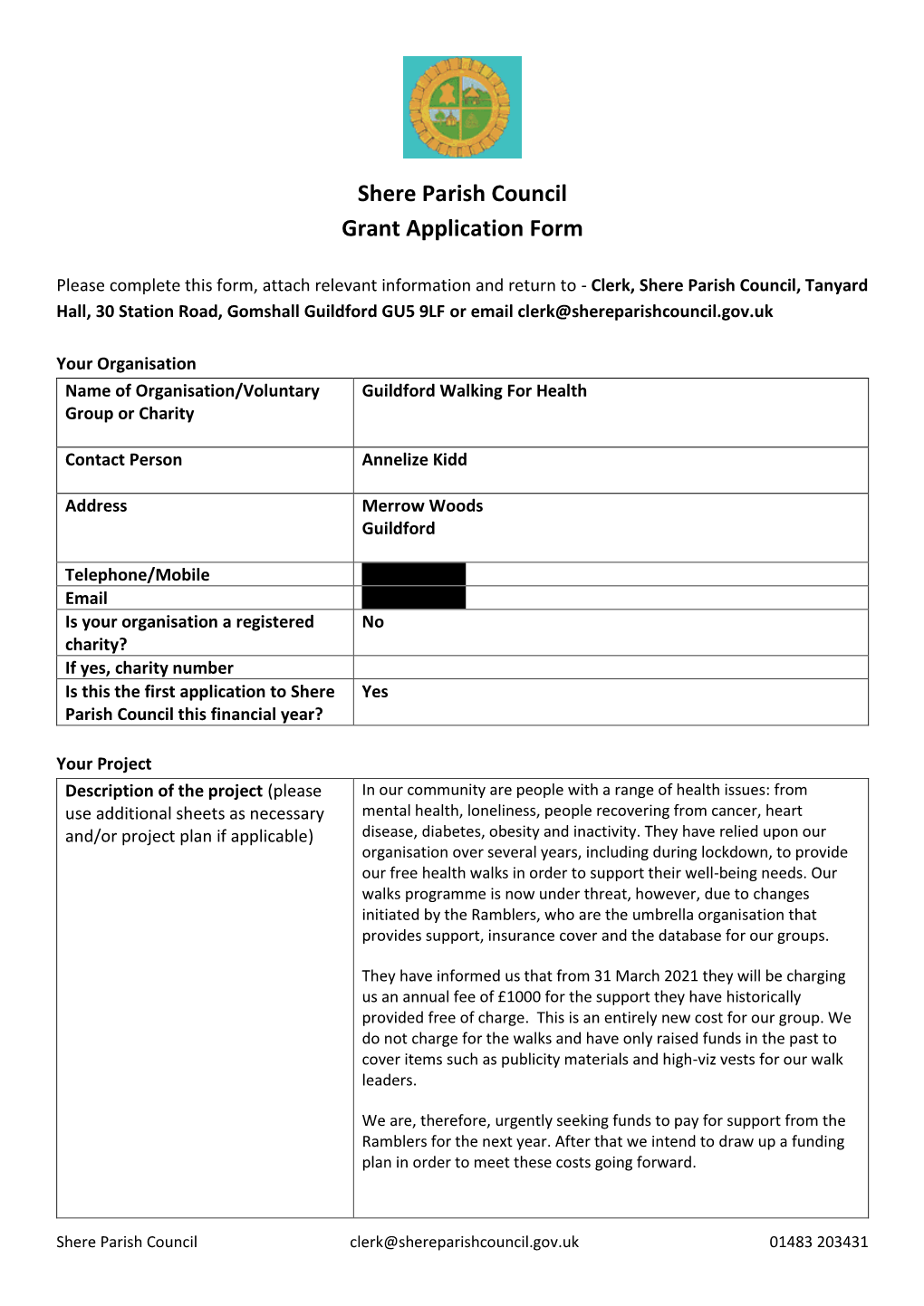 Shere Parish Council Grant Application Form