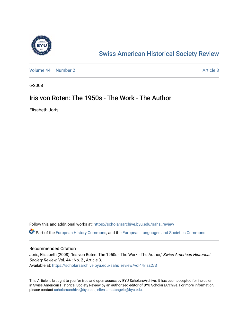 Iris Von Roten: the 1950S - the Work - the Author