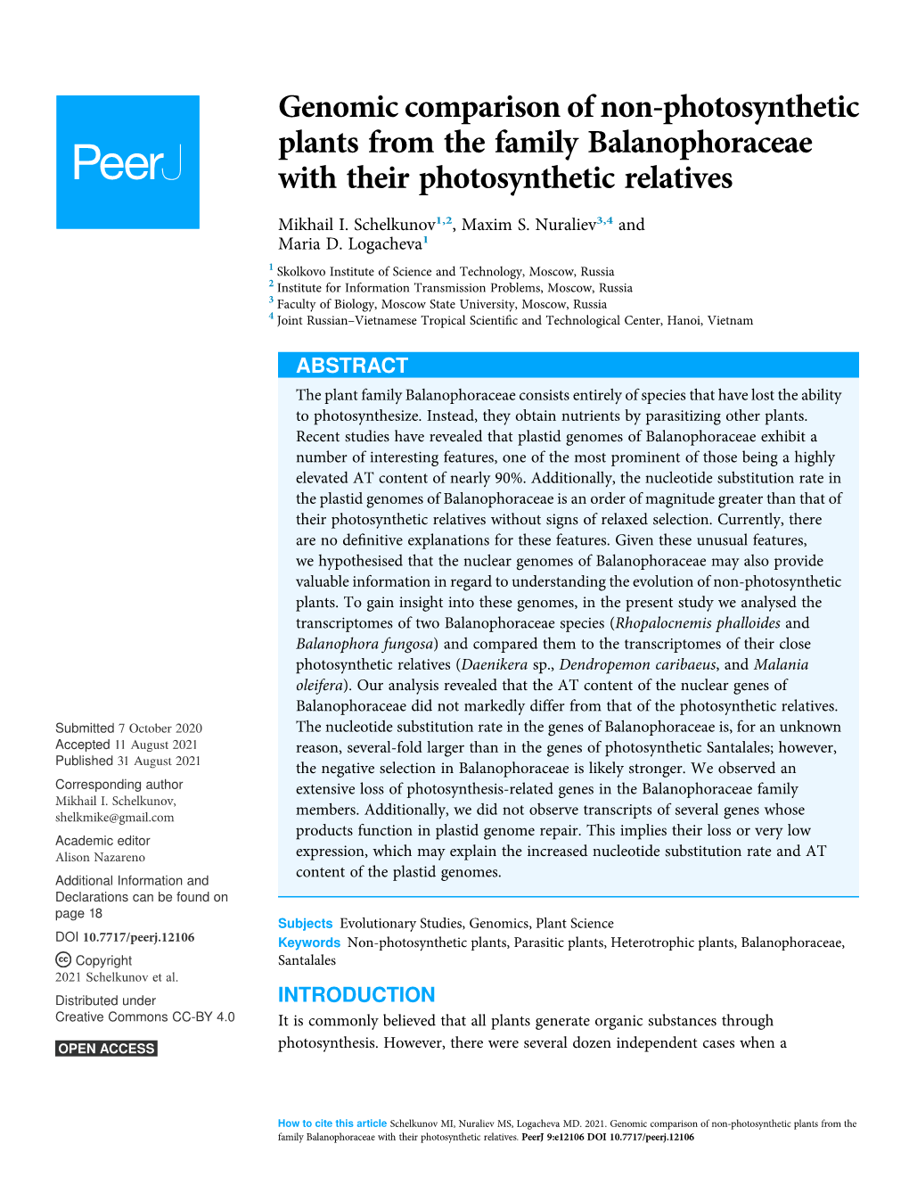 Genomic Comparison of Non-Photosynthetic Plants from the Family Balanophoraceae with Their Photosynthetic Relatives