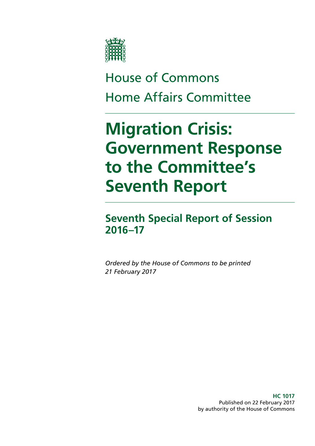 Migration Crisis: Government Response to the Committee’S Seventh Report