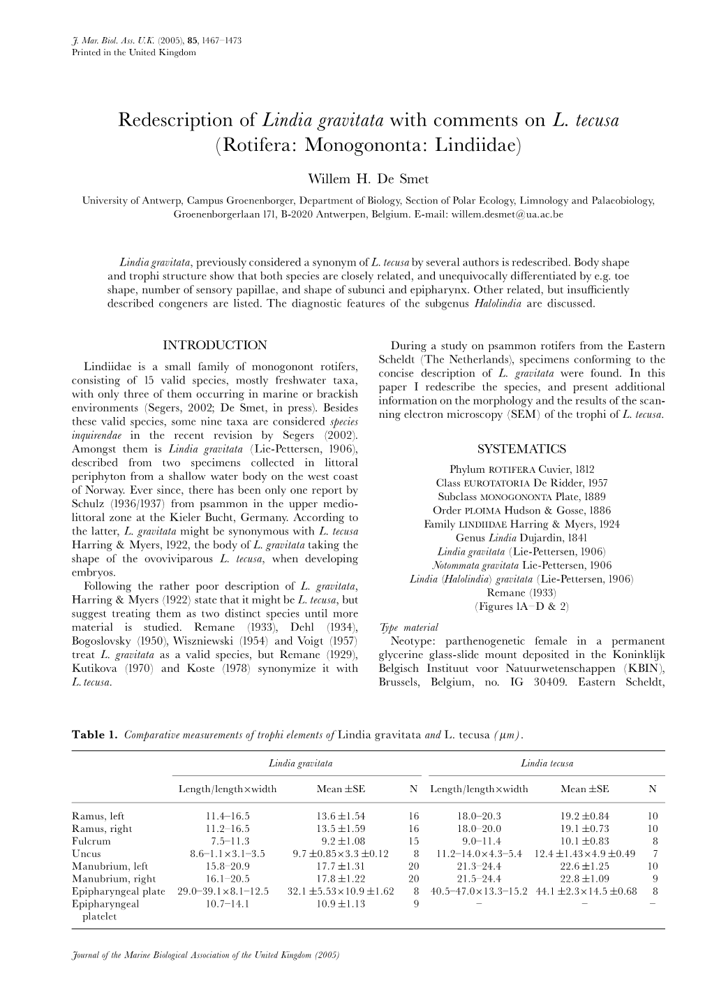 Redescription of Lindia Gravitata with Comments on L. Tecusa (Rotifera: Monogononta: Lindiidae)